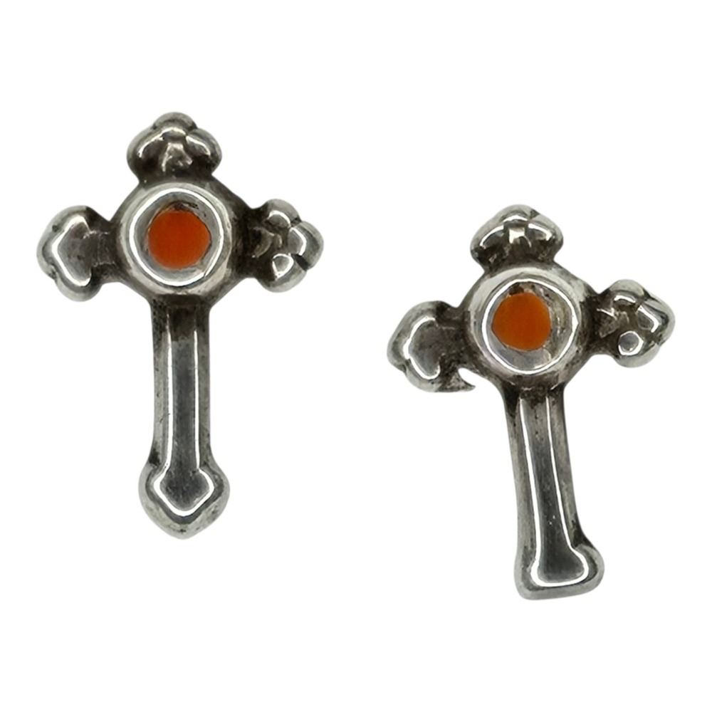 Vintage Cross Stud Earrings Sterling‎ Silver 925 Coral Inlay Dainty Tiny